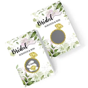 Eucalyptus bridal shower scratch-off game cards with winner diamond icon and gold glitter