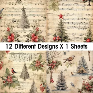 Detailed macro view of 12 vintage Christmas scrapbooking sheets with music notes and birds