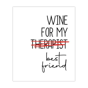 Close-up of minimalist funny wine label with black text and red accent line details