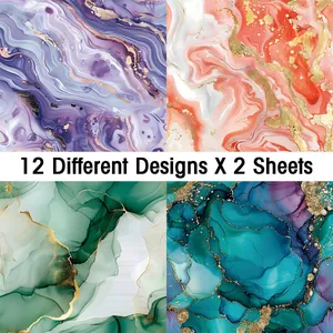Detailed set of 12 marble fluid art paper designs with gold foil accents for DIY scrapbooking