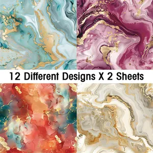 Detail view of 12 marble texture paper designs with gold foil accents for DIY scrapbooking
