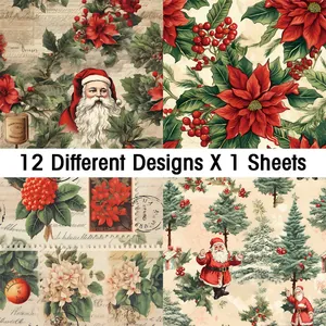 Detailed grid view of 12 vintage Christmas scrapbooking papers with Santa and floral motifs