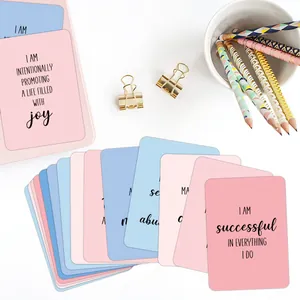 Set of 50 positive affirmation cards in pink and blue with inspirational English quotes