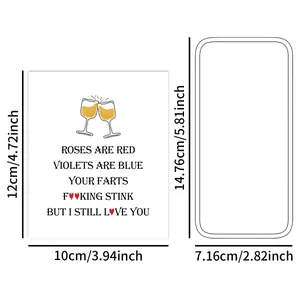 Detailed size chart for funny wine bottle labels featuring 10cm x 12cm adhesive stickers