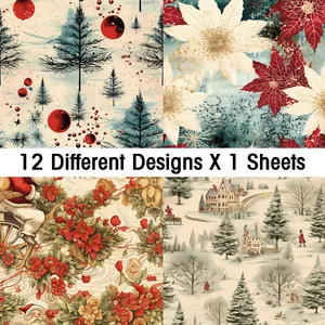 Close-up of 12 vintage Christmas decorative paper sheets with festive floral patterns