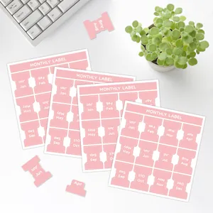 Vue à plat d'autocollants mensuels roses avec clavier blanc et petite plante verte