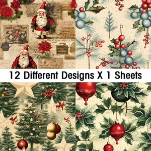 Detail showing four vintage Christmas scrapbooking papers with 12 unique holiday motifs