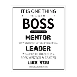 Detail of BOSS MENTOR LEADER decorative metal plaque with inspirational office typography