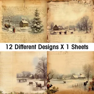 Λεπτομέρεια από 12 vintage χαρτιά scrapbooking με χριστουγεννιάτικα αγροτικά τοπία