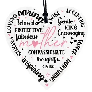 White heart-shaped wooden Mother's Day ornament with sentimental praising text and black cord