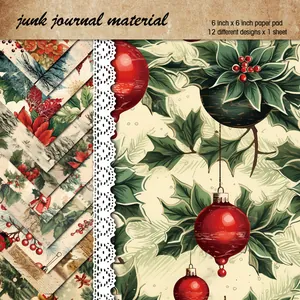 12 sheets of 6x6 inch vintage Christmas music score and floral pattern scrapbook paper