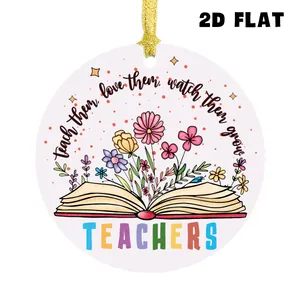 Platte ronde acryl hanger voor leraar met bloemrijk boekontwerp en gouden koord