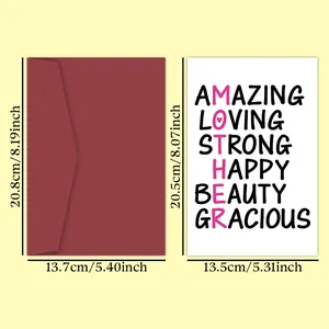 Detailed view of Burgundy envelope and Mother's Day card with descriptive text layout