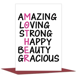 Macro detail of Mother's Day greeting card featuring pink acrostic poem design on white card