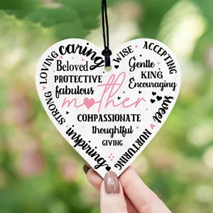 Heart-shaped wooden Mother's Day hanging ornament with pink lettering and a black rope