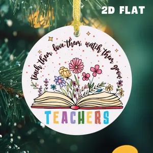 Platte acryl ornament voor leraren met bloemen boek ontwerp en gouden koord hanger