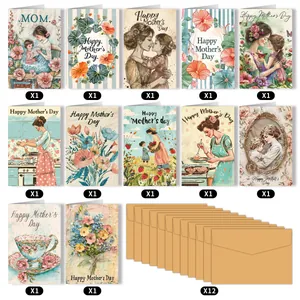 Flat lay of 12 assorted floral Mother's Day cards with matching kraft envelopes