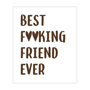 Detail of adhesive wine bottle labels with funny Best Fvckng Friend Ever text