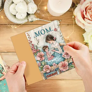 Vintage Mother's Day floral card set featuring a mom reading to child with kraft envelope