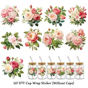 Set di 9 adesivi UV DTF per la Festa della Mamma con rose realistiche e decorazioni floreali