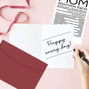 Macro view of Mother's Day greeting card set with red envelope and nutrition facts card