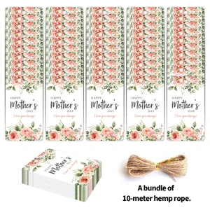 50pcs Mother's Day gift tags with pink rose watercolor floral design and 10m natural hemp rope