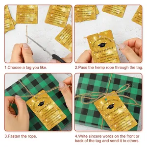 Detail showing step-by-step graduation gift tag application with jute twine