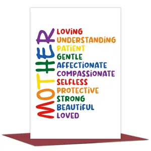 Close-up of Mother’s Day card with colorful vertical typography and descriptive adjectives