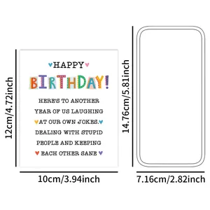 Detailed size specifications for 12x10cm funny birthday greeting card with black envelope