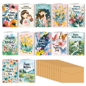 Detailed set of 12 floral Mother's Day cards with kraft envelopes and assorted designs