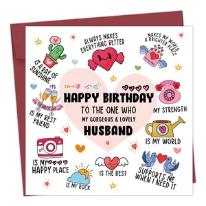 Vista frontale del divertente biglietto d'auguri per marito con icone colorate e busta rossa