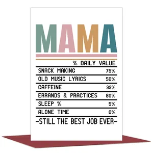 Detail of funny Nutrition Facts greeting card with colorful MAMA lettering for Mother's Day