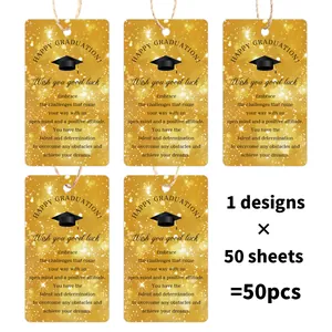 Pack of 50 graduation gift tags with gold glitter pattern and rustic hemp ropes