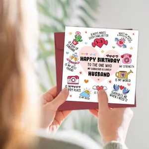 Divertente biglietto di auguri per marito con grafiche colorate e busta rossa