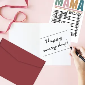 Close-up of Mother's Day card with red envelope and handwriting on pink background