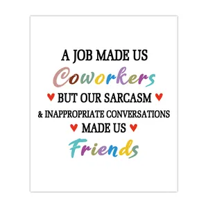 Close-up of a square self-adhesive wine bottle label with colorful friendship quotes