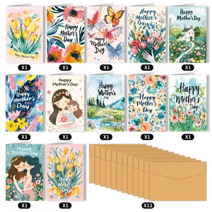 Set of 12 floral Mother's Day cards with brown envelopes and Happy Mother's Day text