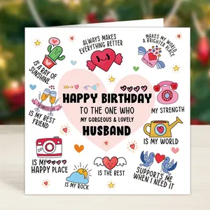 Biglietto d'auguri quadrato per marito con icone colorate disegnate a mano e sfondo bianco