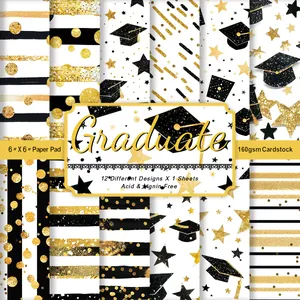 Graduation Theme Scrapbook Paper Pack Acid Free Cardstock For DIY Crafts Card Making Black Gold White Mixed Patterns