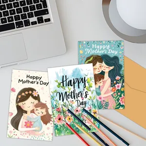 Three Mother's Day floral cards with sweet mother-child hugs on a desk setup