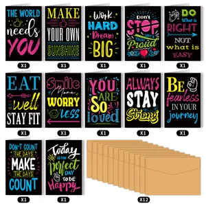 Set of 12 vintage motivational greeting cards with artistic typography and kraft envelopes