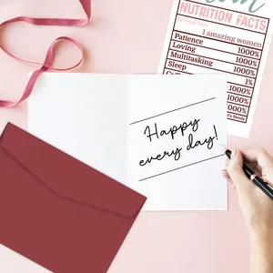 Close-up of Mother's Day card with creative nutrition facts and a red envelope