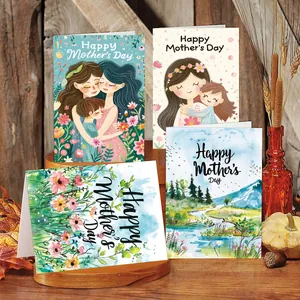 Detail of four Mother's Day cards with floral and mother-child illustrations on wood