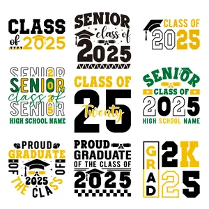 Detail view of 9 UV DTF graduation stickers featuring Class of 2025 motifs and caps