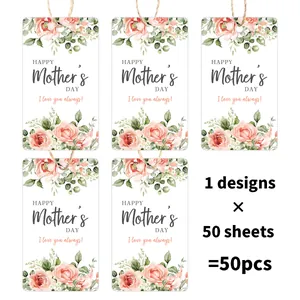 Detail of Happy Mother's Day gift tags with watercolor pink roses and natural twine rope