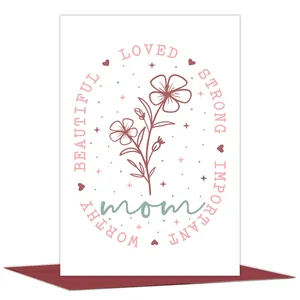 Detail of Mother's Day greeting card with floral design and red envelope for gift giving