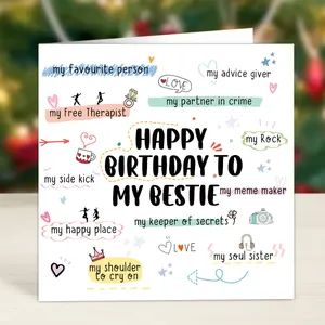 Dettaglio del biglietto di compleanno con testo Bestie e scarabocchi colorati