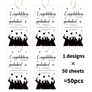 Pack of 50 graduation gift tags with twine featuring black celebratory silhouettes