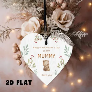 Wooden heart ornament for new mom with bears and Happy First Mother's Day message