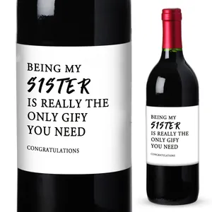 Detail of funny wine labels for sisters on bottles with creative minimalist typography
